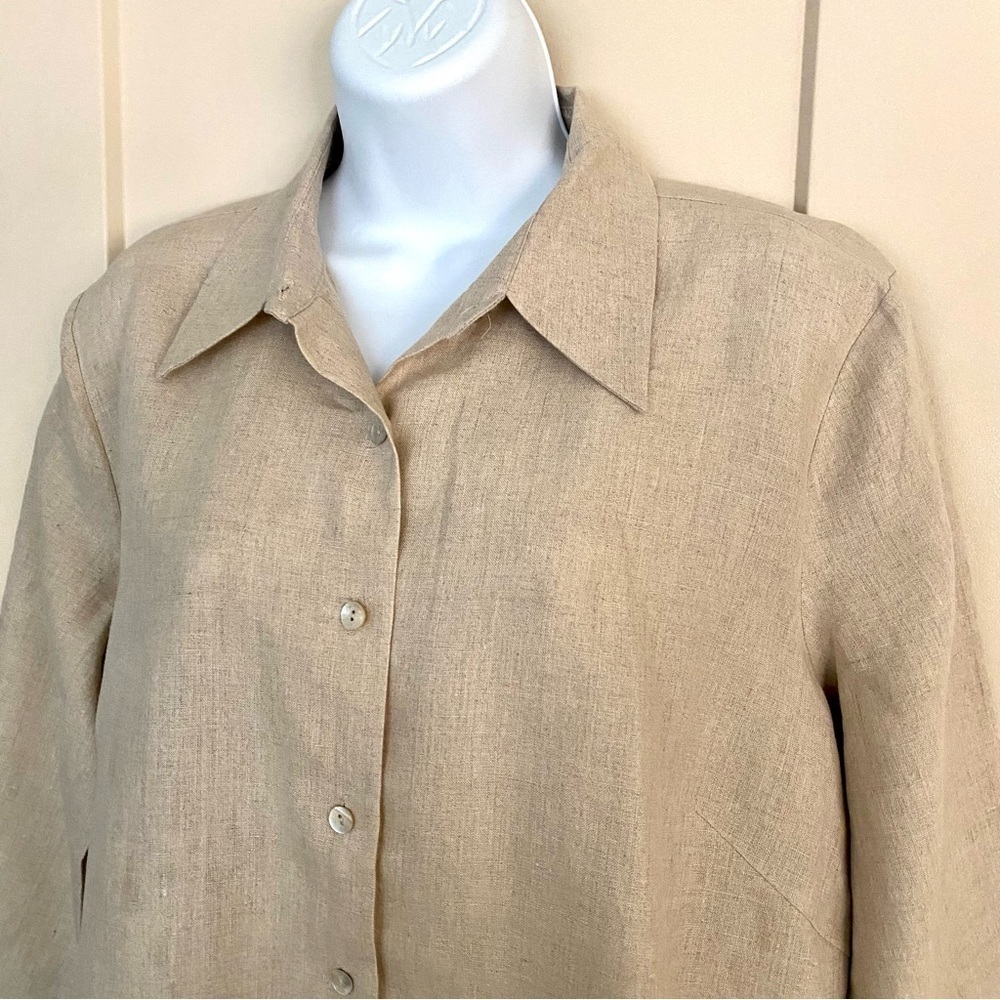 Tan Linen Button-down Top Sz Large Embroidered Floral Lagenlook Shirt Blouse - Picture 2 of 15